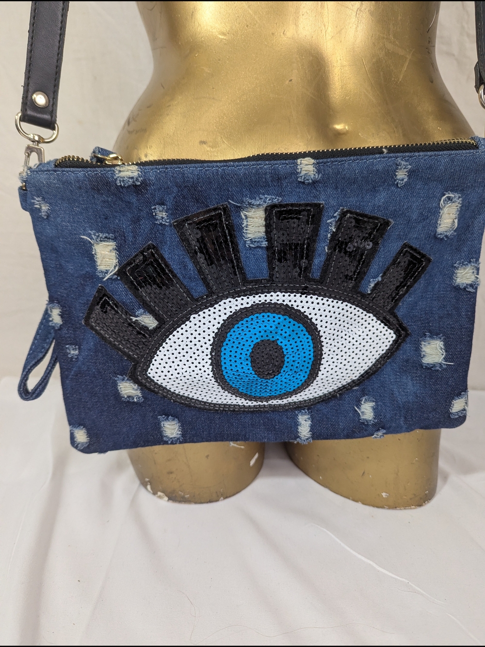 Sequin Eye Illuminati Distressed Denim Crossbody